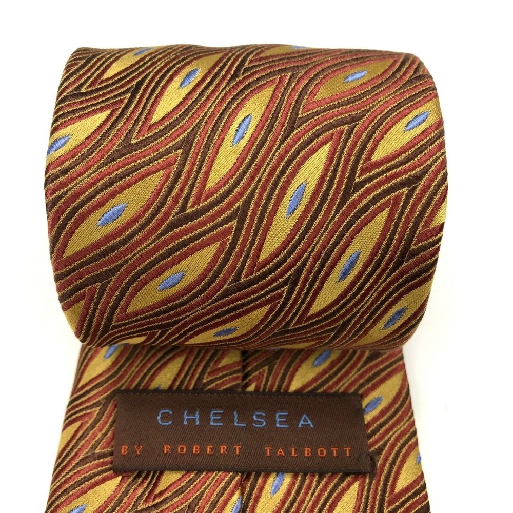 CHELSEA By Robert Talbott Geometric Brown Red Gold Blue Elegant Silk Necktie 60"